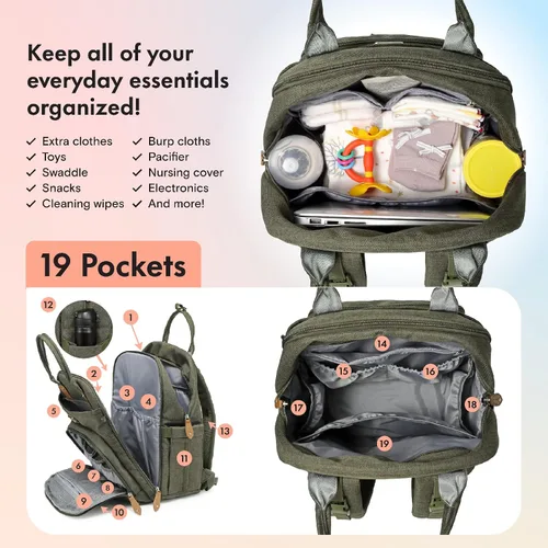 Vista 3 de Dikaslon Mochila para pañales con cambiador portátil, funda para chupete y correas para cochecito, bolsas de bebé unisex grandes para niños y niñas
