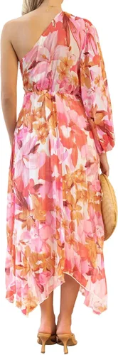 Vista 5 de Vestido largo de un hombro para mujer, plisado, floral, para playa, bohemio, vestido de cóctel, Rosado