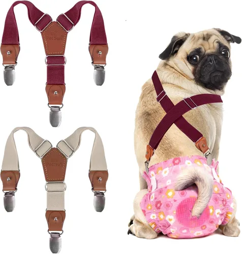 Vista 8 de Pet Soft Tirantes de pañales para perro hembra, 2 piezas, tirantes para falda de perro, vestido, Negro, rosa, marrón, burdeos