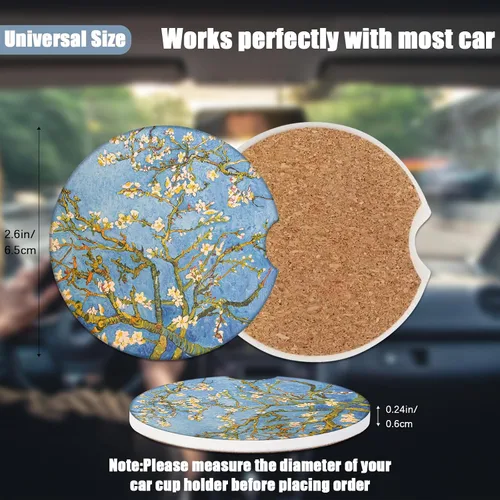 Vista 2 de Portavasos de automóvil – Posavasos de cerámica absorbente con flor de almendro, posavasos Van Gogh para bebidas, accesorios interiores