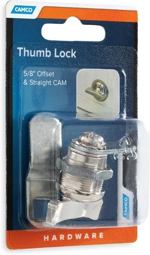 Vista 5 de Camco Candado de leva compensada Presenta un estilo de candado de fácil giro operado con el pulgar, incluye una compensación de 5/8 pulgadas y un