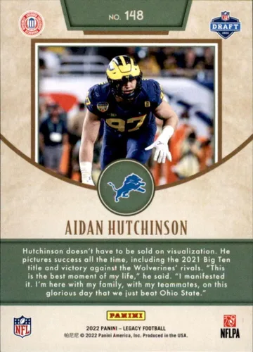Vista 2 de TARJETA OFICIAL DE FÚTBOL DE LA NFL 2022 DE PANINI LEGACY #148 AIDAN HUTCHINSON ROOKIE DETROIT LIONS