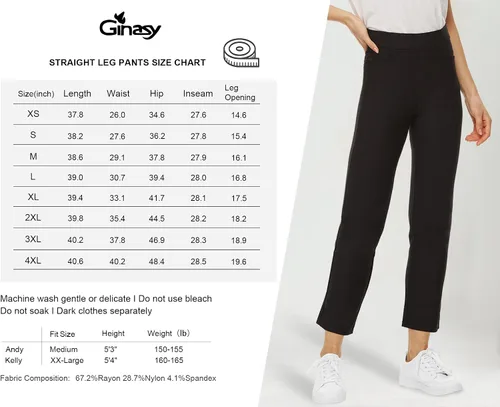 Vista 4 de Ginasy Pantalones de vestir negros para mujer, de negocios, casuales, de cintura alta, elásticos, para el trabajo, pierna recta, pantalones