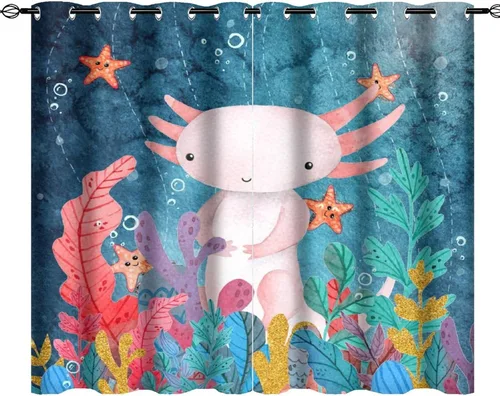 Vista 42 de Cortinas abstractas de ajolote con diseño de galaxia colorida y peces, con aislamiento térmico, oscurecimiento de habitación completa, para sala