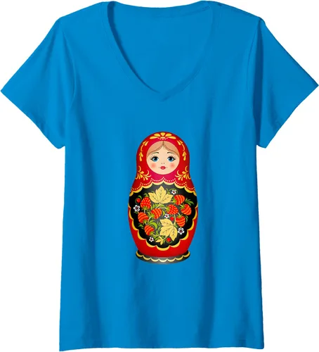 Vista 9 de Hermosa camiseta de Matryoshka Russian Strawberry Nesting Doll con cuello en V para mujer, Negro, S
