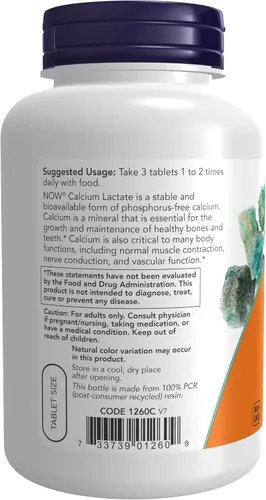 Vista 3 de NOW Suplementos, lactato de calcio, apoya la salud ósea, tableta fácil de tragar, 250 tabletas