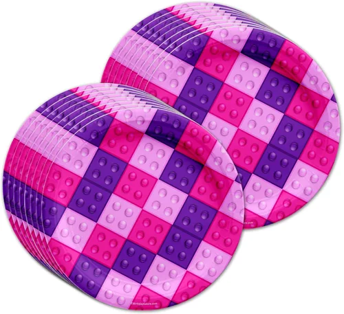 Vista 2 de Bloques de construcción rosados para fiesta de cumpleaños, juego de platos, servilletas, tazas para 16