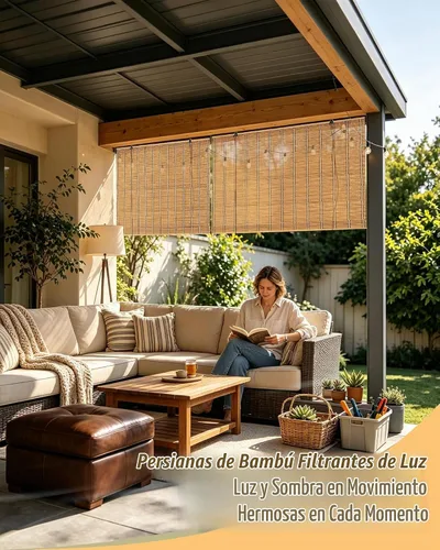 Vista 3 de FoundGo Persianas enrollables de bambú de 23 pulgadas de ancho x 48 pulgadas de alto, cortina de filtrado de luz para ventanas y puertas, persiana