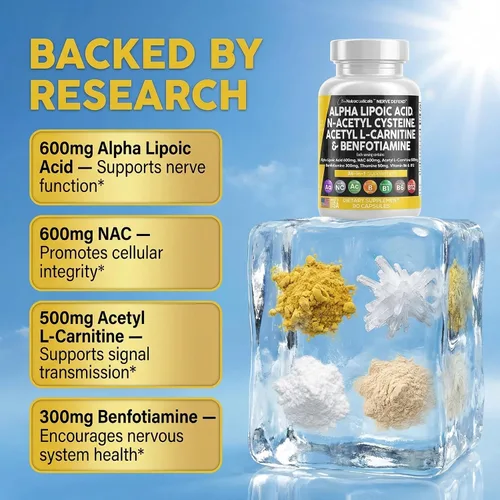 Vista 3 de Ácido alfa lipoico 600 mg N-acetil cisteína 600 mg acetil L-carnitina 500 mg Benfotiamina 300 mg - Suplemento de apoyo nervioso para mujeres