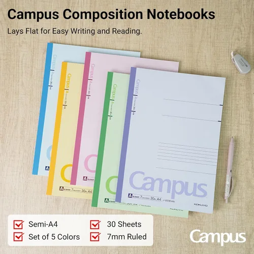Vista 2 de KOKUYO Cuadernos de composición, paquete de 5 cuadernos Campus A4 Comp con un 0.276 in rayado, 30 hojas, cuaderno clásico con rayas escolares