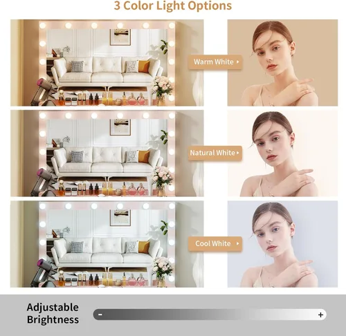 Vista 5 de VOWNER Tocador con espejo iluminado: escritorio de maquillaje con parte superior de vidrio con 7 cajones y toma de corriente, 3 modos de iluminación