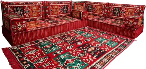 Vista 168 de arabicsofa Juego de asientos Jalsa en forma de L – Majlis árabe hecho a mano con almohadas de respaldo