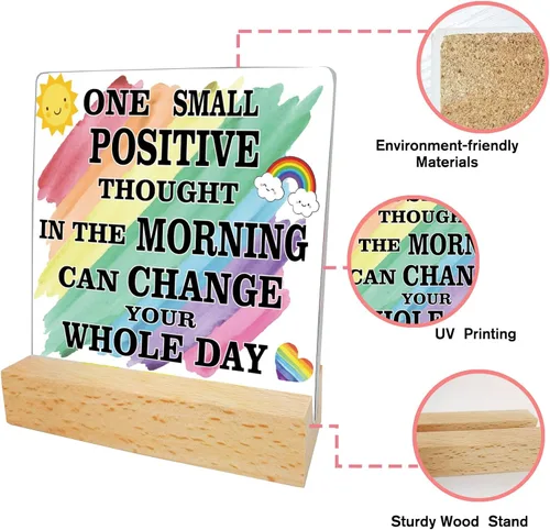 Vista 3 de ORIGACH Placa con citas inspiradoras, un pequeño pensamiento positivo en la mañana puede cambiar tu mesa todo el día con soporte de madera, citas