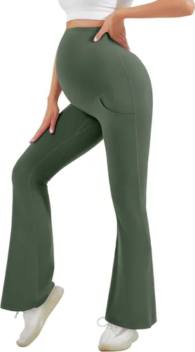 Vista 7 de HEGALY Leggings acampanados de maternidad para mujer sobre el vientre, pantalones casuales de yoga para embarazo, con bolsillos, suaves como