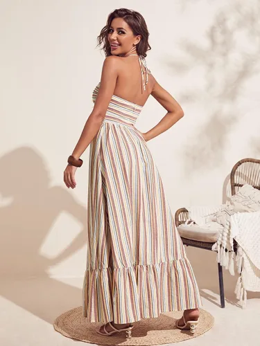 Vista 2 de MakeMeChic Vestido largo de playa de verano con volantes y cuello halter a rayas para mujer