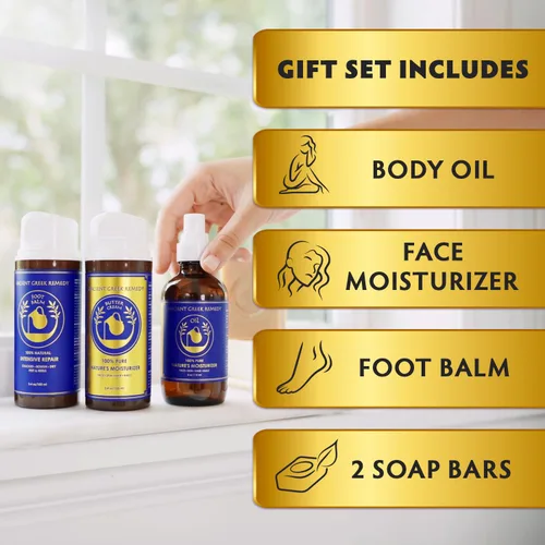 Vista 2 de Ancient Greek Remedy Set de regalo de spa orgánico – Aceite corporal, hidratante facial, bálsamo de pies y 2 barras de jabón – Cesta de regalo
