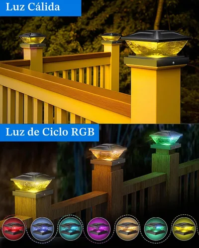 Vista 3 de Ofuray Luces solares para tapa de poste, paquete de 8 luces solares RGB con dos modos, apto para postes de 4 x 4, 5 x 5 con 3 bases, impermeable