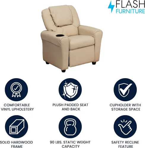 Vista 3 de Flash Furniture - Sillón reclinable contemporáneo para niños, color beige vinilo con base para vasos y reposacabezas