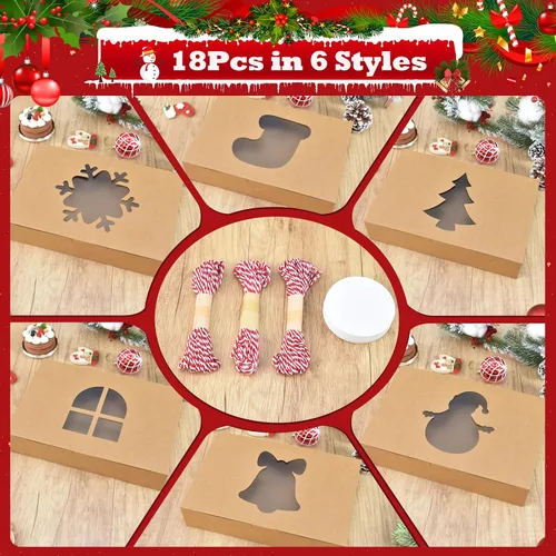 Vista 4 de COTOPHER 18 cajas de galletas de Navidad con ventana, 10 x 10 x 2.5 pulgadas, cajas de panadería marrones para regalo, cajas de postre de papel