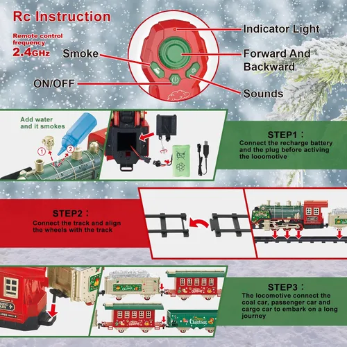 Vista 4 de JQ JUQU Juego de tren eléctrico de control remoto con vapor real, luces y sonido, tren de juguete para niños de 3 a 8 años con pistas completas