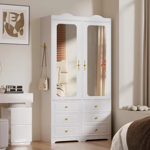 Vista 7 de Armario de Clóset, Armarios de Dormitorio Blancos con Puerta de Espejo y 6 Cajones, Armario de Almacenamiento de Ropa de 15.7" de Ancho/69.5