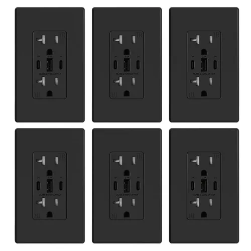 Vista 24 de ELEGRP Tomacorrientes USB, 30 W 6.0 Amp USB C, toma de pared USB de 3 puertos, toma de corriente resistente a manipulaciones de 15 amperios con 2