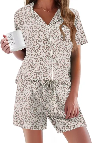 Vista 36 de Ekouaer - Conjunto de pijamas de manga corta para mujer, con botones, suave, 2 piezas, conjuntos de descanso, tallas XS-XXXL Verde Aqua