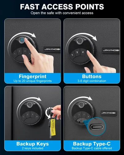 Vista 4 de Jinxnobi Caja de seguridad pequeña biométrica con candado, 0.78 pies cúbicos, caja de seguridad de estante removible de acceso rápido con escáner