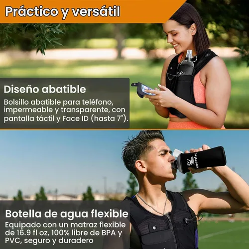 Vista 4 de Chaleco de correr con cremallera, chalecos reflectantes para correr con 6 bolsillos, botella de hidratación de 16.9 fl oz, pecho y cintura