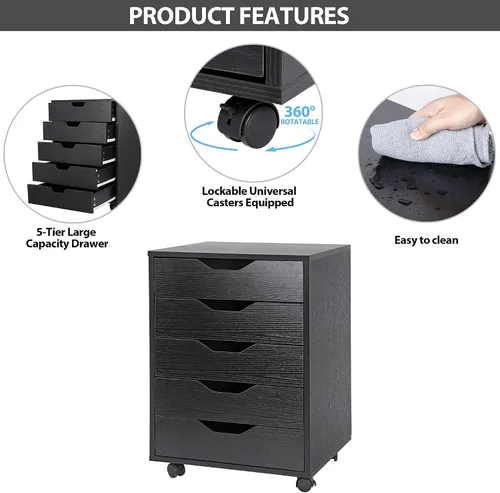 Vista 4 de ZENY Cómoda de 5 cajones, archivador móvil con ruedas, gabinete de almacenamiento para oficina en casa debajo del escritorio, cajones de Negro