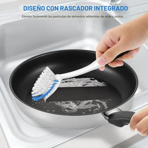 Vista 5 de SetSail Cepillo de platos con asa, paquete de 2 cepillos de cerdas rígidas con raspador integrado para limpiar platos, ollas y sartenes, fregadero