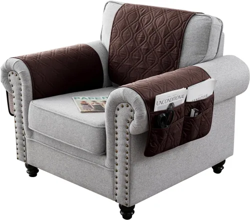 Vista 23 de Juego de 3 fundas impermeables para sofá reclinable, funda para reposabrazos y reposacabezas con 6 bolsillos de almacenamiento, protector acolchado