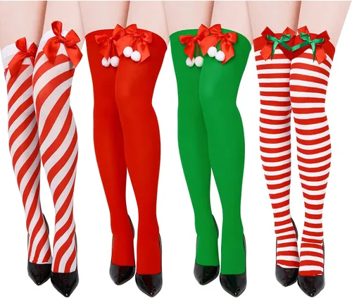 Vista 6 de SATINIOR 4 pares de calcetines altos de Navidad a rayas rojas y blancas con lazo sobre la rodilla, medias de bastones de caramelo, Bonito estilo.
