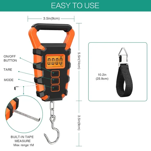 Vista 5 de ORIA Báscula digital de pesca con regla, báscula de gancho colgante postal de pesca, báscula de equipaje de 110 libras 110.2 lbs con cinta métrica