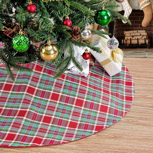 Vista 9 de SoarDream Faldas de árbol a cuadros de Navidad pequeñas de 24 pulgadas, falda de árbol a cuadros de búfalo rojo y negro para Navidad, fiesta de Año