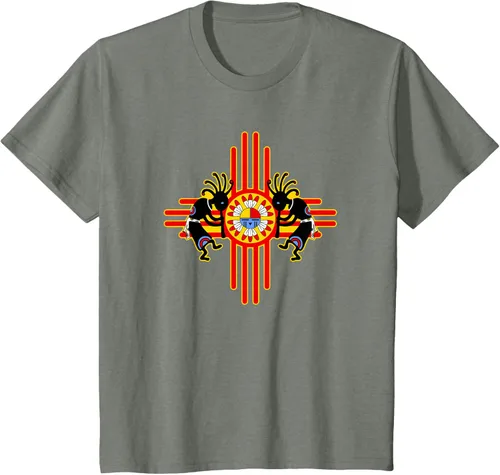 Vista 97 de Native American Kokopelli Kachina Zia Symbol 2 - Camiseta divertida para fanáticos, Negro