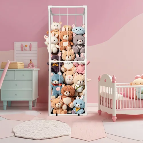 Vista 7 de Almacenamiento de Zoológico de Animales de Peluche - Organizador Alto de Juguetes de Material PVC con Cordones Elásticos y Estante, Casa