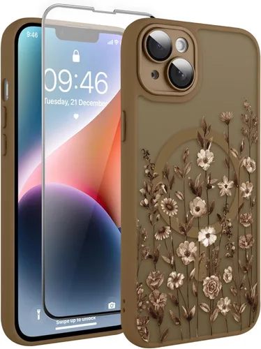 Vista 14 de Magnético para iPhone 13 con protector de pantalla [Compatible con MagSafe] Diseño de patrón floral de flores bonitas, funda delgada a prueba