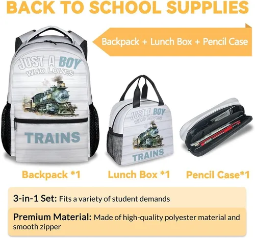 Vista 3 de AIOMXZZ Mochila de tren con lonchera para niños, mochilas escolares 3 en 1, combo a juego, bolsa azul de dibujos animados y estuche para lápices