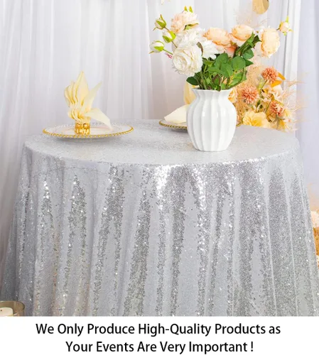 Vista 2 de ShiDianYi Mantel redondo de 50 pulgadas, mantel de lentejuelas plateadas con purpurina, mantel circular de lino con lentejuelas plateadas