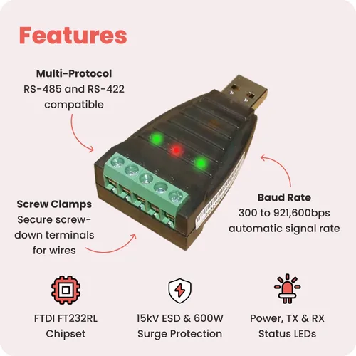 Vista 3 de Gearmo - Convertidor USB a RS485 con indicadores LED, chipset FTDI, conectores de terminales, protección ESD, soporte de SO ancho, compatible
