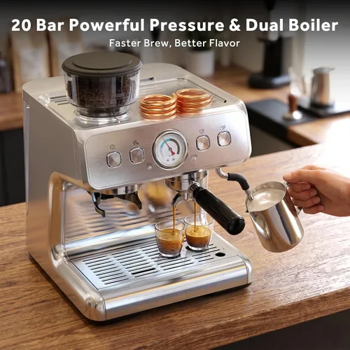 Vista 2 de COWSAR Máquina de café expreso de doble caldera con molinillo, máquina automática de espresso de 20 bares, varita de vapor espumador de leche