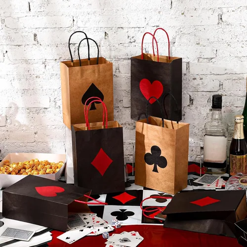 Vista 4 de Outus 24 bolsas de regalo para fiestas de casino, color rojo y negro, bolsas de papel con asas de 8.3 x 6 x 3 pulgadas para bolsas de papel