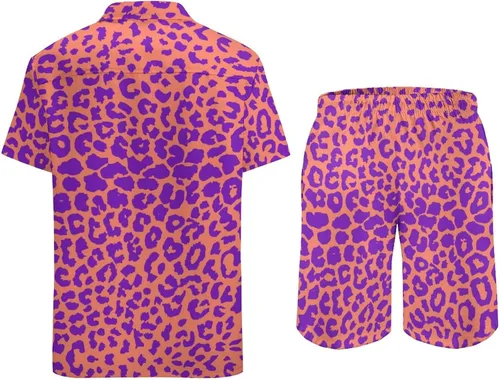 Vista 6 de Conjunto combinado de verano de dos piezas para hombre, traje de playa de leopardo, camisa hawaiana con botones