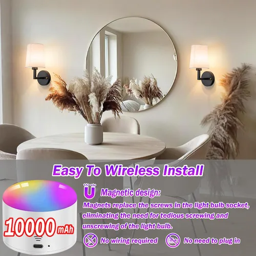 Vista 7 de Juego de dos apliques de pared modernos que funcionan con pilas, con control remoto, lámpara de pared inalámbrica para interiores, lámpara de pared
