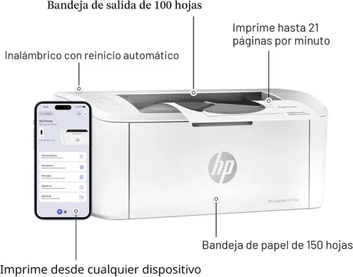 Vista 4 de Impresora inalámbrica en blanco y negro HP LaserJet M110w, impresión, velocidades rápidas, configuración fácil, impresión móvil, ideal para equipos