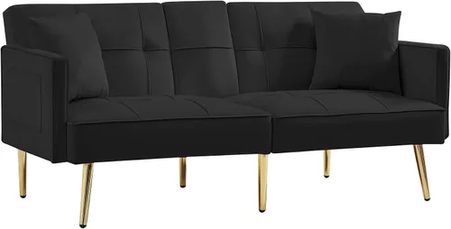 Vista 8 de Moderno sofá cama biplaza de terciopelo con 2 bolsillos, sofá cama convertible tapizado con respaldo múltiple ajustable, futón con patas doradas