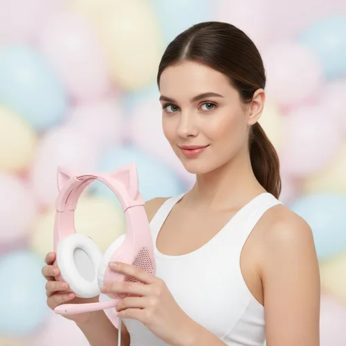 Vista 2 de GIME Pink Gaming Headset - Cute Cat Ears Wired Over Ear Headphones with Mic - Compatible with Xbox/PS4/ PS5/ PC Computer/Laptop/Phone