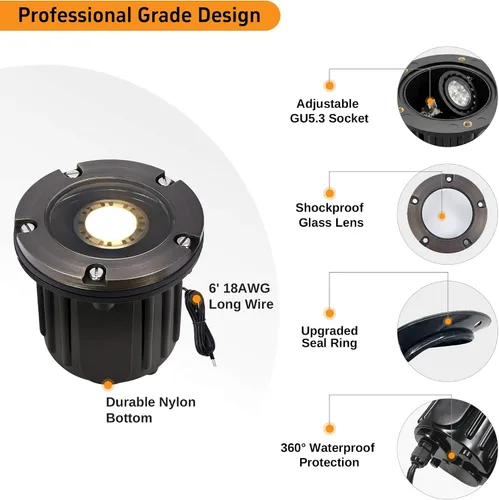 Vista 7 de Gardenreet Luz de pozo de latón - Iluminación de paisaje impermeable para exteriores de 12V LED enterrada, lámpara de bajo voltaje con bombilla