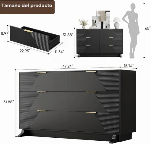 Vista 9 de Gyfimoie Cómoda negra para dormitorio, cómoda moderna de 47.2 pulgadas de Negro